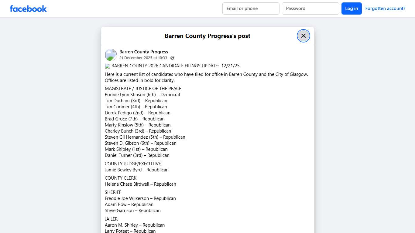 🗳️ BARREN COUNTY 2026 CANDIDATE... - Barren County Progress | Facebook