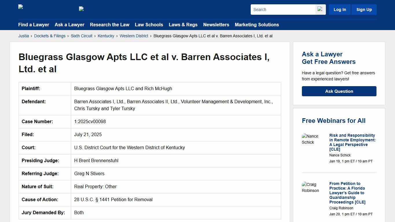 Bluegrass Glasgow Apts LLC et al v. Barren Associates I, Ltd. et al 1:2025cv00098 | U.S. District Court for the Western District of Kentucky | Justia